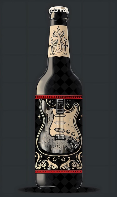 PSD beer bottle with label featuring a guitar detailed label des flat illustration beer culture design