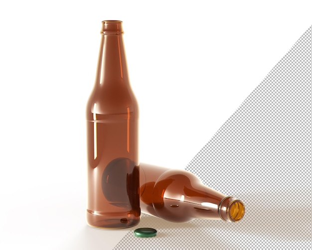 Beer bottles front view and lying down 3D render Blank brown glass flasks with open green metal cork isolated on white background Realistic mockup for advertising alcohol drinks 3D illustration