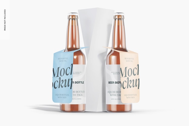 Beer Bottles with Tag Mockup, Left and Right View