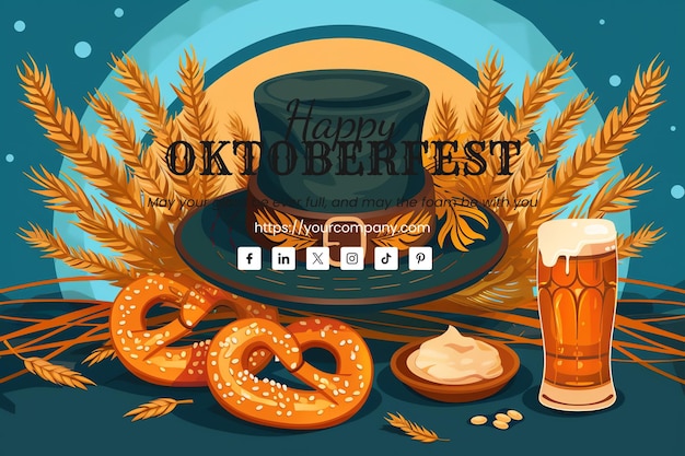 PSD beer coaster and pretzel and bavarian hat with feathers greeting card for oktoberfest