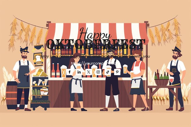 PSD beer fest waitstaff and beer festival revelers and street food stall greeting card for oktoberfest