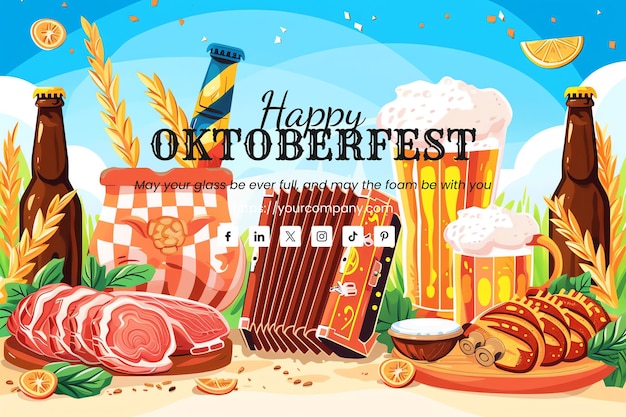 PSD beer festival tent and accordian and roasted pork knuckle greeting card for oktoberfest