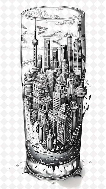 PSD a beer glass with a 3d cityscape etched on it different land flat illustration beer culture design