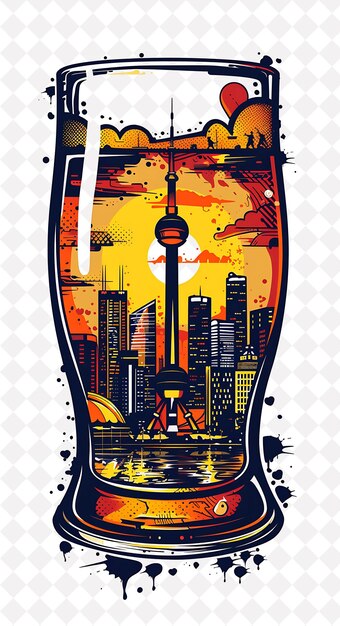 PSD a beer glass with a 3d cityscape etched on it different land flat illustration beer culture design