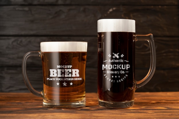 Beer mug mockup on wooden table