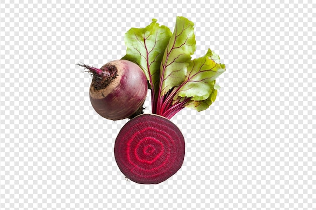 PSD beetroot with sliced half and leaves on a transparent background