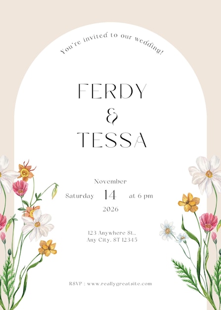 Beige White Modern Minimalist Floral Wedding Invitation