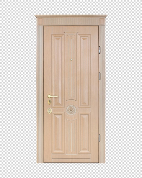 Beige wooden classical carved square entrance door, front view,  exterior door