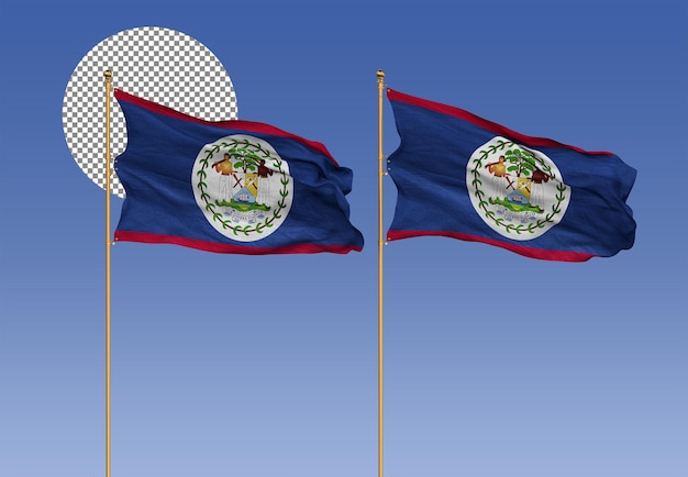 PSD belize wavy flags with pole 3d rendering