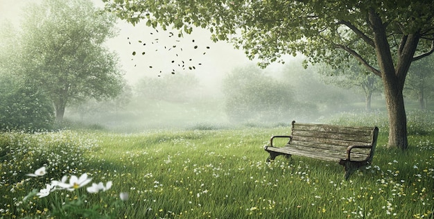 A bench under a tree a green grassy field with some flowers and trees with a smoky light in the bg