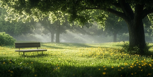 A bench under a tree a green grassy field with some flowers and trees with a smoky light in the bg