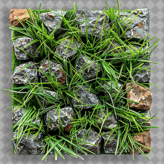 PSD bentgrass penncross with terracotta and blue pottery shards isolated green texture on clean bg