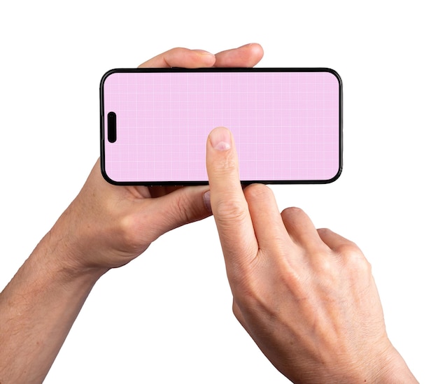 PSD berlin germany may 14 2023 hand holding smartphone iphone screen mockup tapping in center of display for playing video isolated on white background