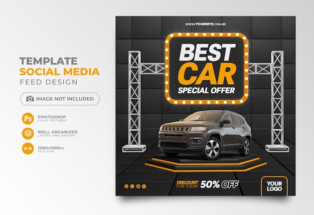 Best car special offer post social media discount for today 50 off in black and orange background