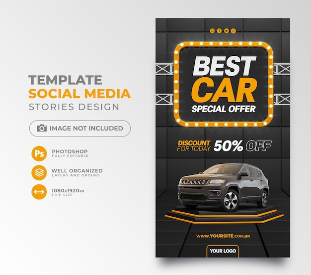 Best car special offer post social media discount for today 50 off in black and orange background