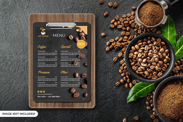 PSD beverage menu mockup on wood board editable psd template