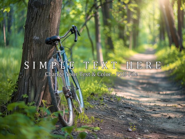 PSD bicycle leaning against a tree on a forest path