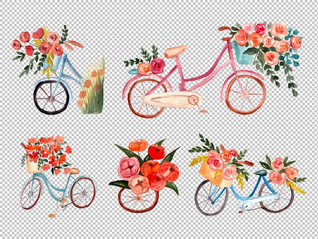 PSD bicycle with pink flowers in watercolor illustration