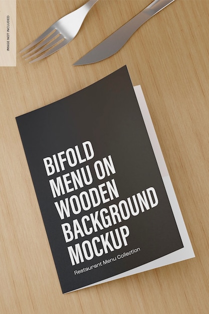 Bifold Menu on Wooden Background Mockup, Top View