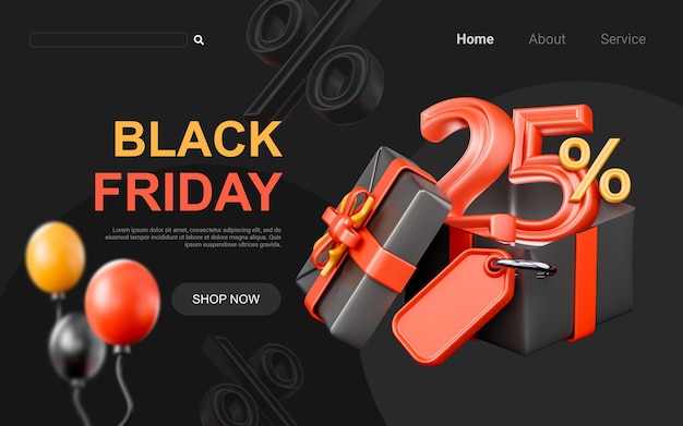 big offer 25 percent discount with giftbox sale tag 3d render concept for black Friday event