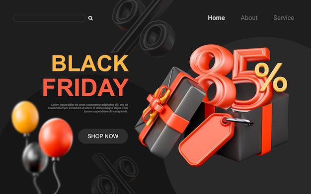 big offer 85 percent discount with giftbox sale tag 3d render concept for black Friday event