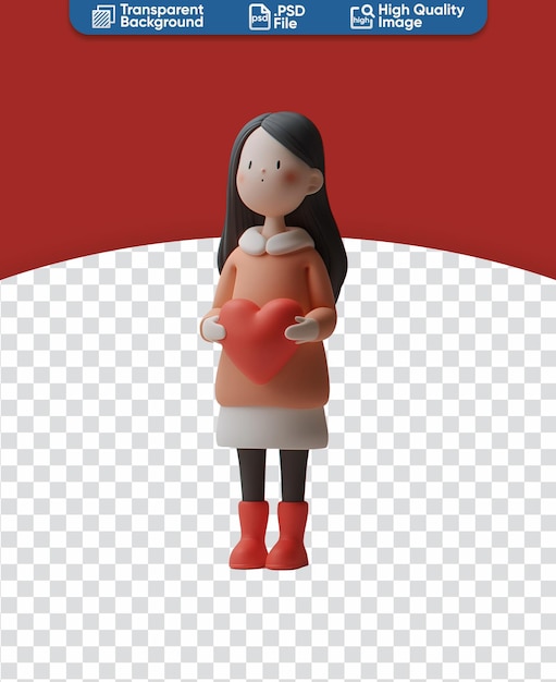 Big red heart held by a cute happy woman in a 3D render illustration chibi cartoon