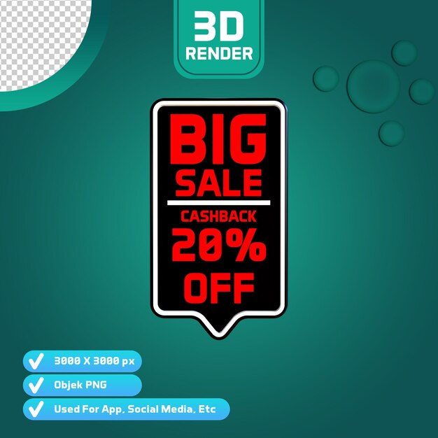 BIG SALE 20 OFF 3D RENDER WITH TRANSPARENT BACKGROUND