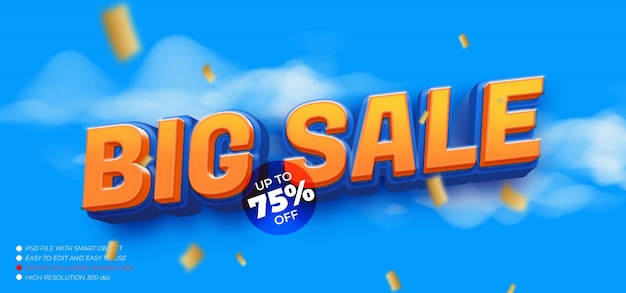 Big sale banner template with editable text 3d style effect