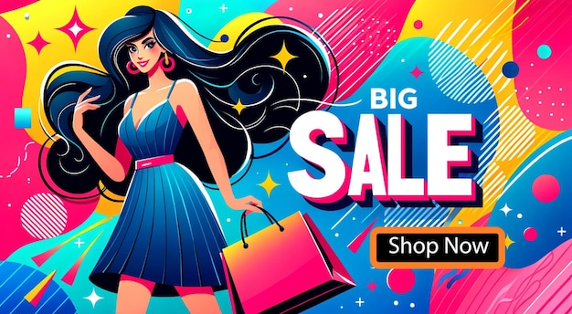 Big sale Vector flat design horizontal sale banner template featuring a lady holding a shopping bag