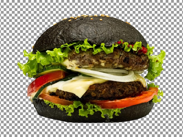 Big tasty black bun burger isolated on transparent background