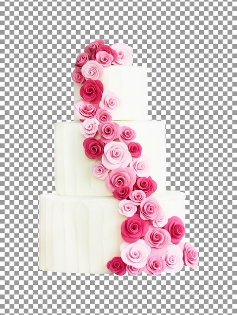 Big wedding cake decorated with pink and white flowers on transparent background