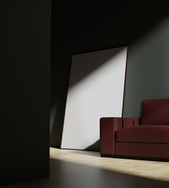 PSD a big wooden frame mockup poster leaning on the army green wall with red sofa in the minimalist