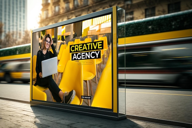 A billboard for creative agency with a woman sitting in a yellow chair.