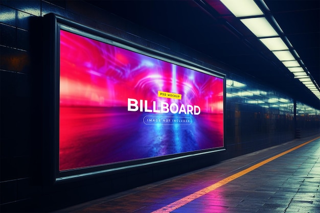 Billboard in neon style underground subway wall mockup