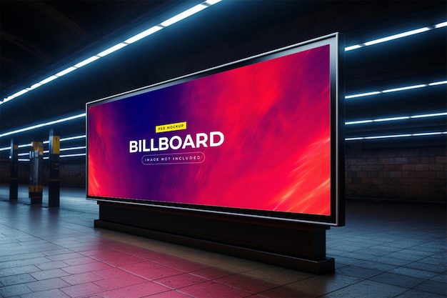 Billboard in neon style underground subway wall mockup