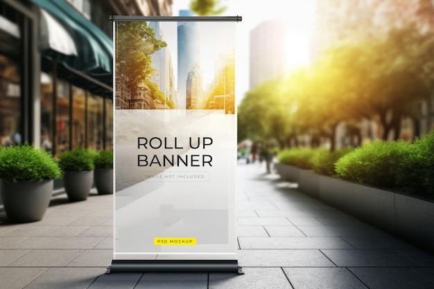 A billboard for roll up banner on a city street