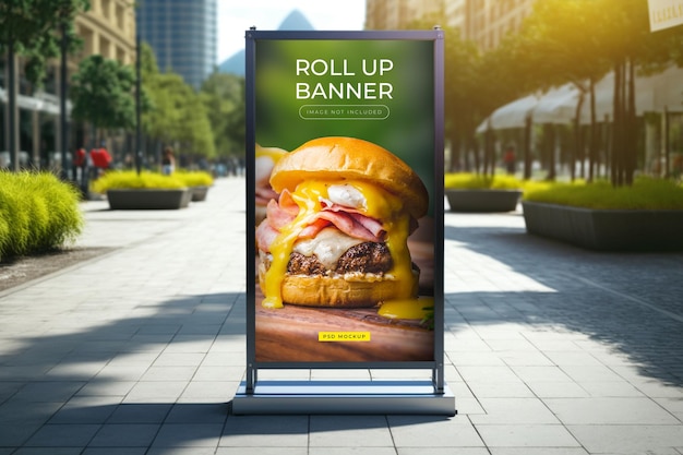 A billboard for roll up banner on a city street