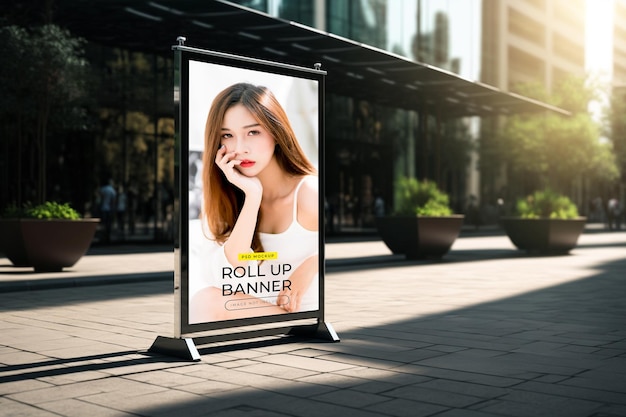 A billboard for roll up banner on a street