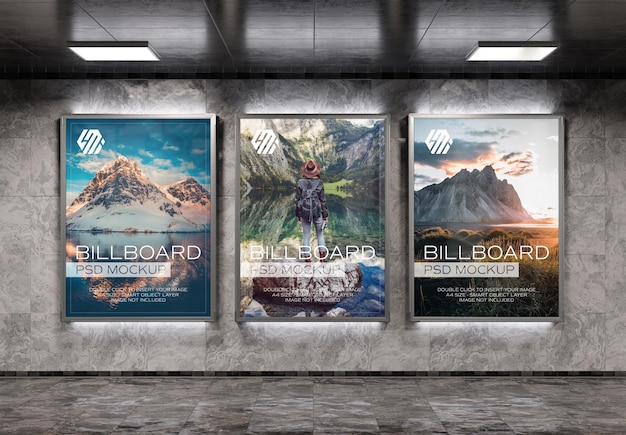 Billboards on underground subway wall Mockup