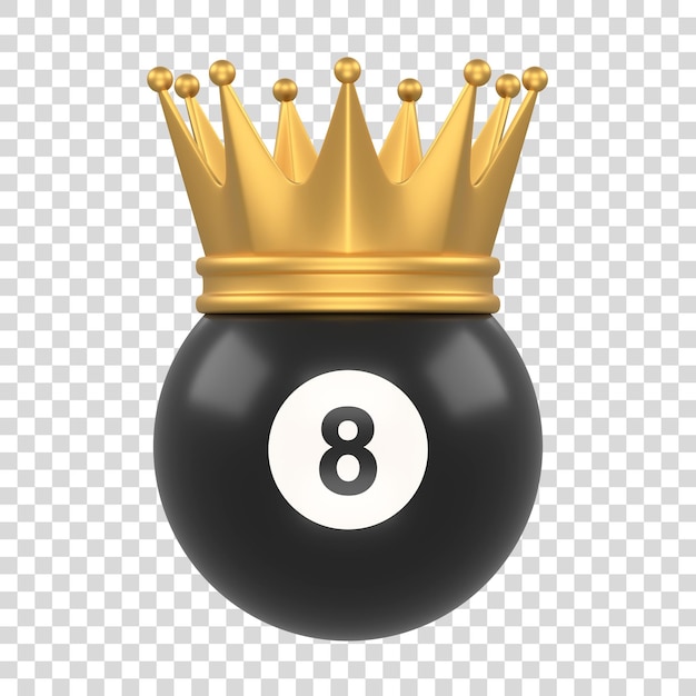 Billiard ball number eight black color wearing a gold crown isolated on white background 3D render