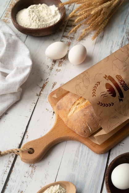 Bio bread packaging mockup on wooden table