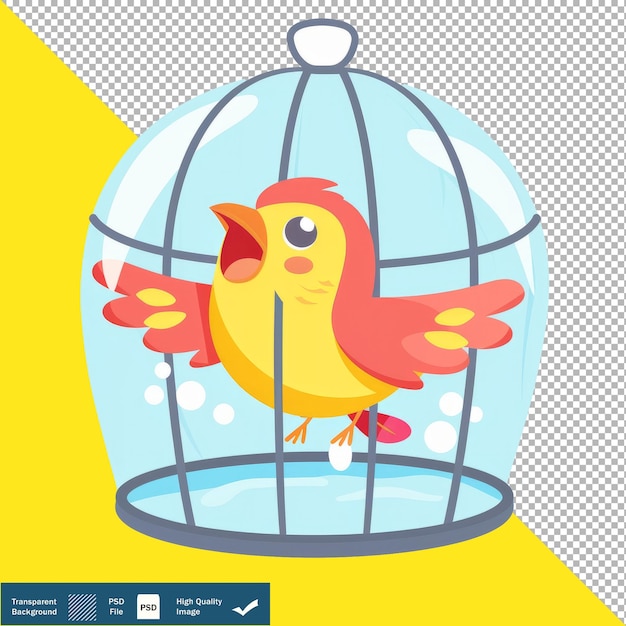 PSD bird chirping in cage cartoon transparent background png psd