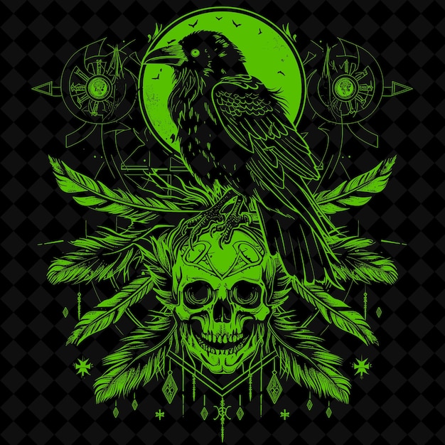 a bird on a green background with a skull and a skull