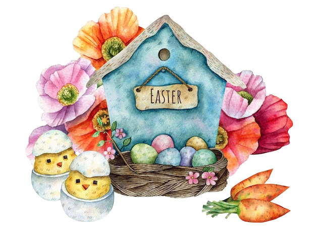 Bird house nest with colorful eggs carrot flowers and Chickens from eggs decor for Easter