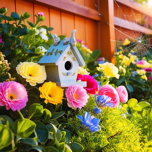 PSD a bird house sits in a garden with a birdhouse in the background