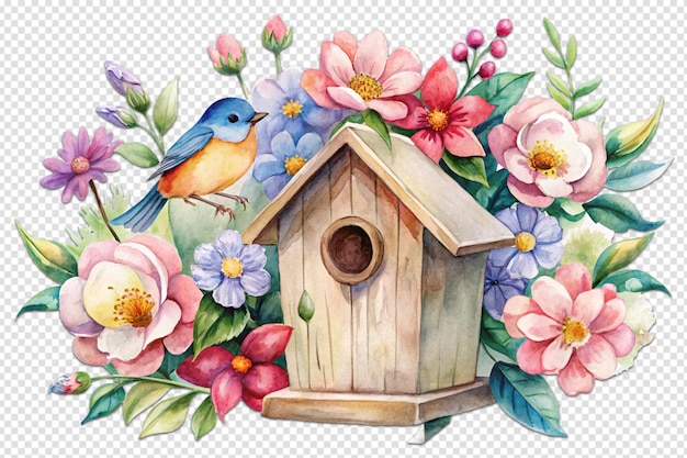 PSD a bird house with flowers and a birdhouse