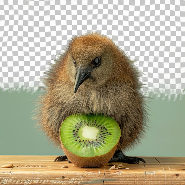 a bird is holding a kiwi fruit in its beak