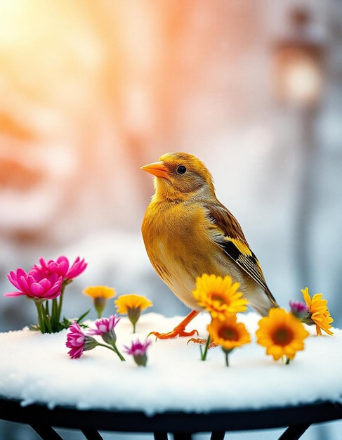 PSD a bird is sitting on a with a snow covered background