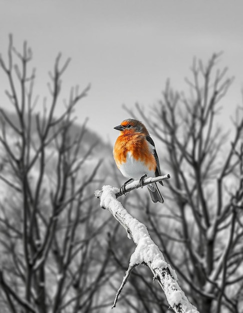 PSD a bird is sitting on a with a snow covered background