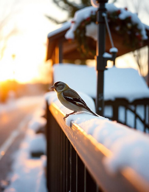 PSD a bird is sitting on a with a snow covered background